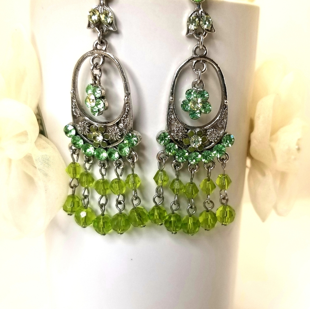 Unique Silver & Sparkly Green Beaded Flower Dangly Rhinestone Earrings